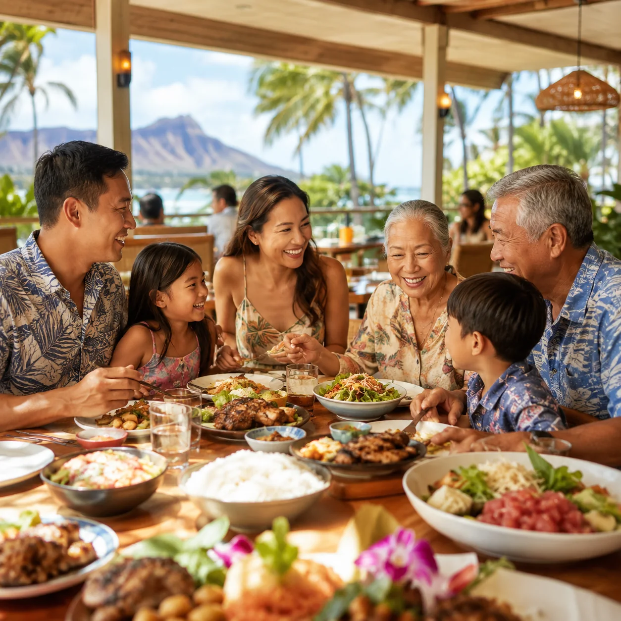Family enjoying a relaxed O‘ahu restaurant meal