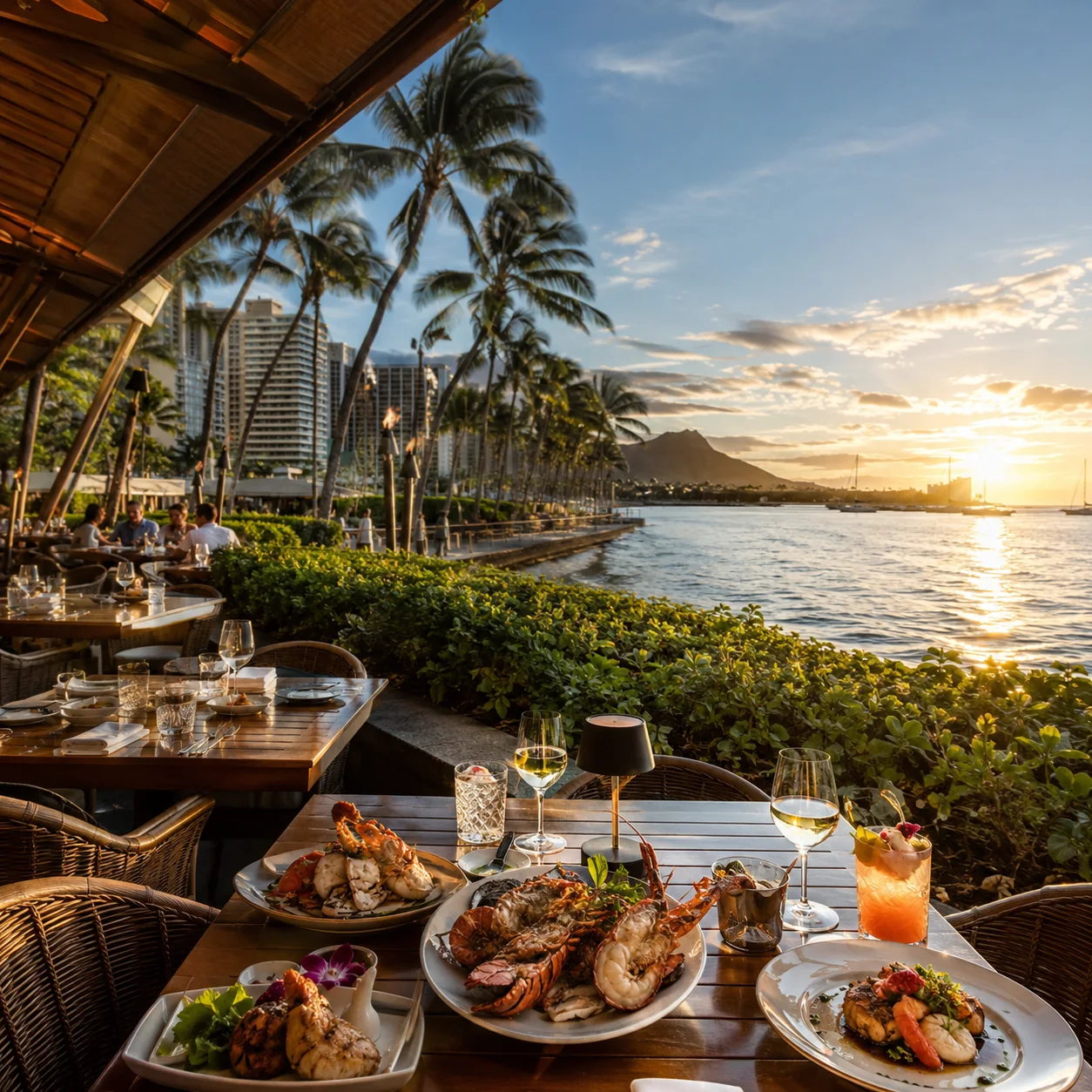 Oceanfront dining on O‘ahu at sunset