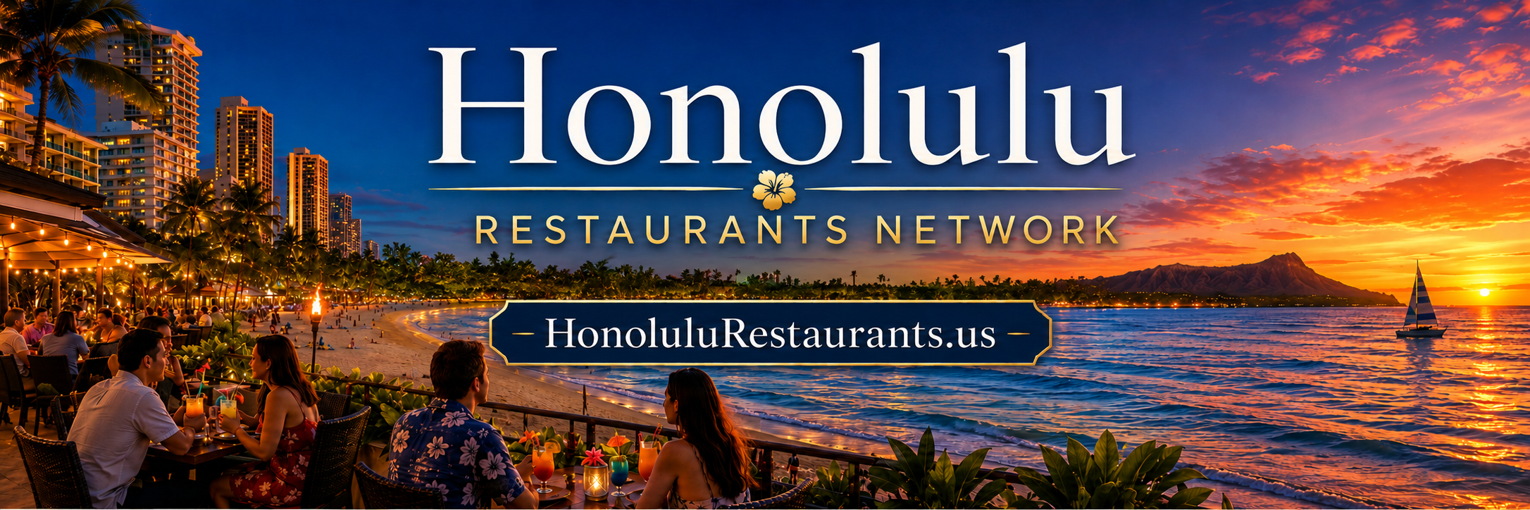 Honolulu Restaurants banner with Waikiki skyline, beach, palm trees, and beachfront restaurant dining